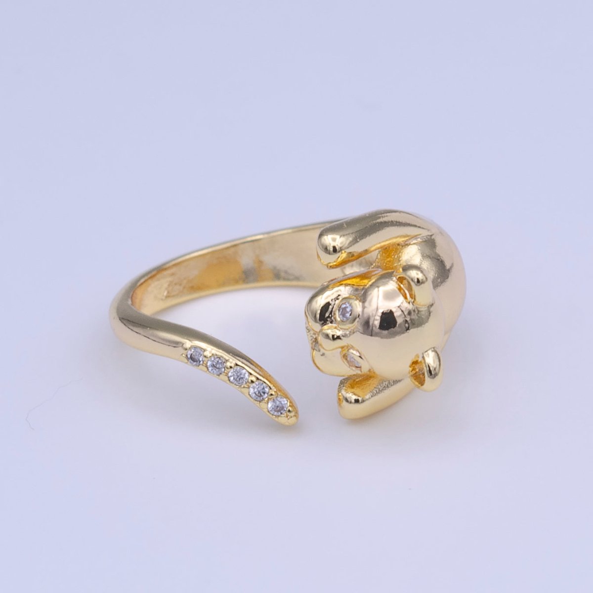 Gold Filled Dog Pug Chasing Tail Micro Pave CZ Adjustable Ring