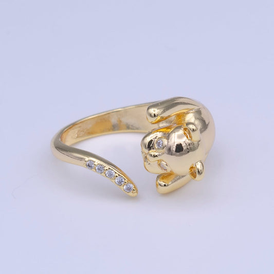 Gold Filled Dog Pug Chasing Tail Micro Pave CZ Adjustable Ring