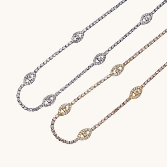 Gold Filled Evil Eye Tennis Chain 14 Inch Choker Necklace in Gold & Silver