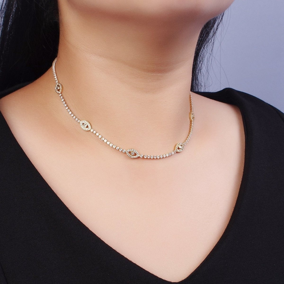 Gold Filled Evil Eye Tennis Chain 14 Inch Choker Necklace in Gold & Silver