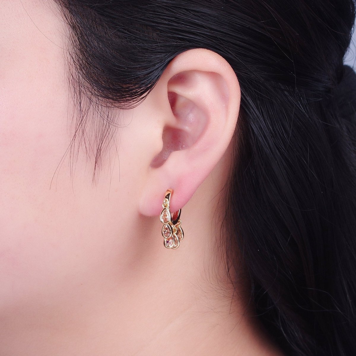 Beautiful Gold Filled Huggie Earrings with Tear Drop CZ Dangle Charms