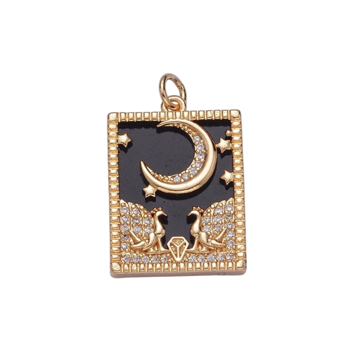 Gold Filled 27mm x 17mm Micro Paved CZ Peacock at Starry Night Obsidian, Turquoise, Pearl, Abalone Celestial Tag Charm