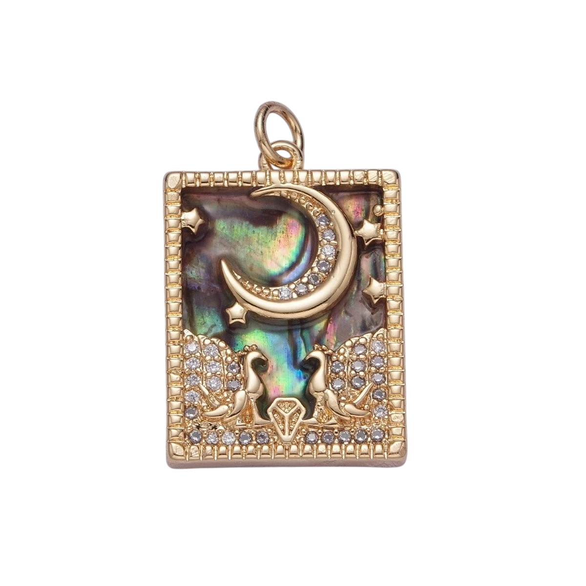 Gold Filled 27mm x 17mm Micro Paved CZ Peacock at Starry Night Obsidian, Turquoise, Pearl, Abalone Celestial Tag Charm