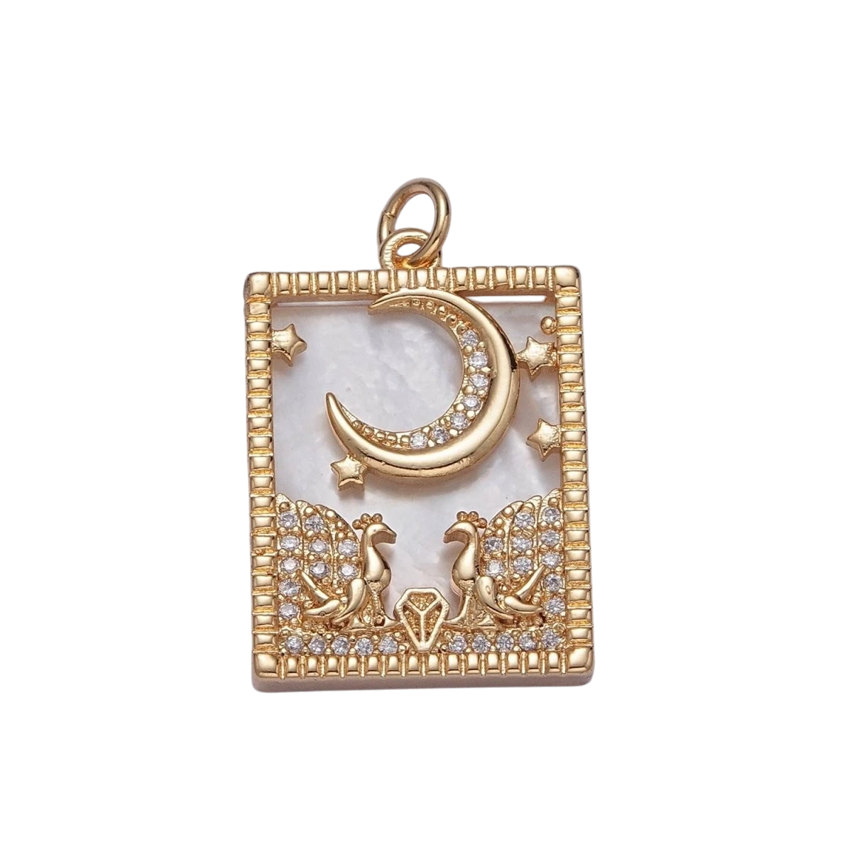 Gold Filled 27mm x 17mm Micro Paved CZ Peacock at Starry Night Obsidian, Turquoise, Pearl, Abalone Celestial Tag Charm