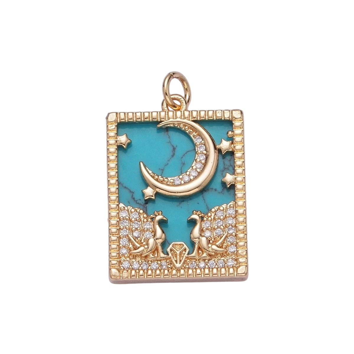 Gold Filled 27mm x 17mm Micro Paved CZ Peacock at Starry Night Obsidian, Turquoise, Pearl, Abalone Celestial Tag Charm