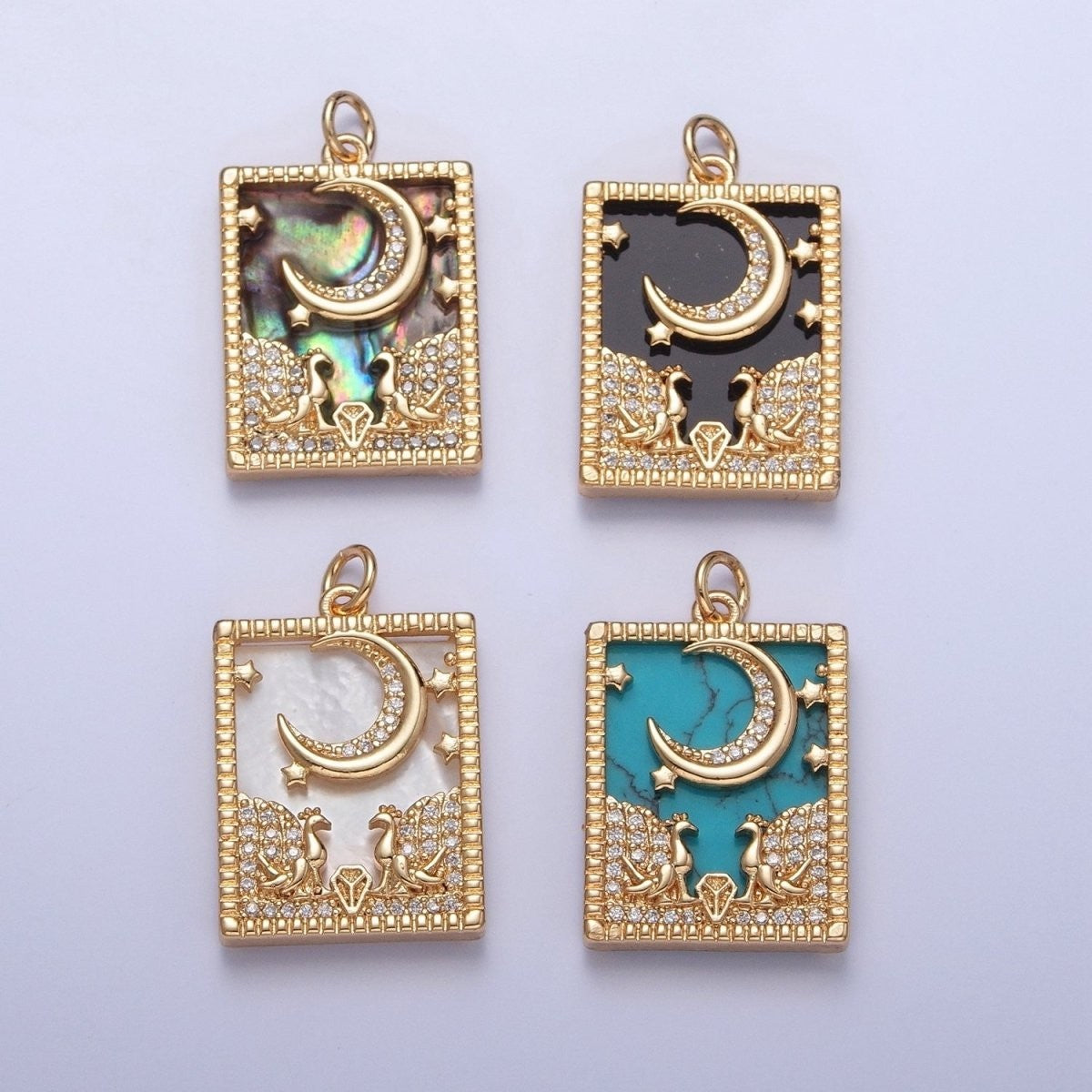 Gold Filled 27mm x 17mm Micro Paved CZ Peacock at Starry Night Obsidian, Turquoise, Pearl, Abalone Celestial Tag Charm