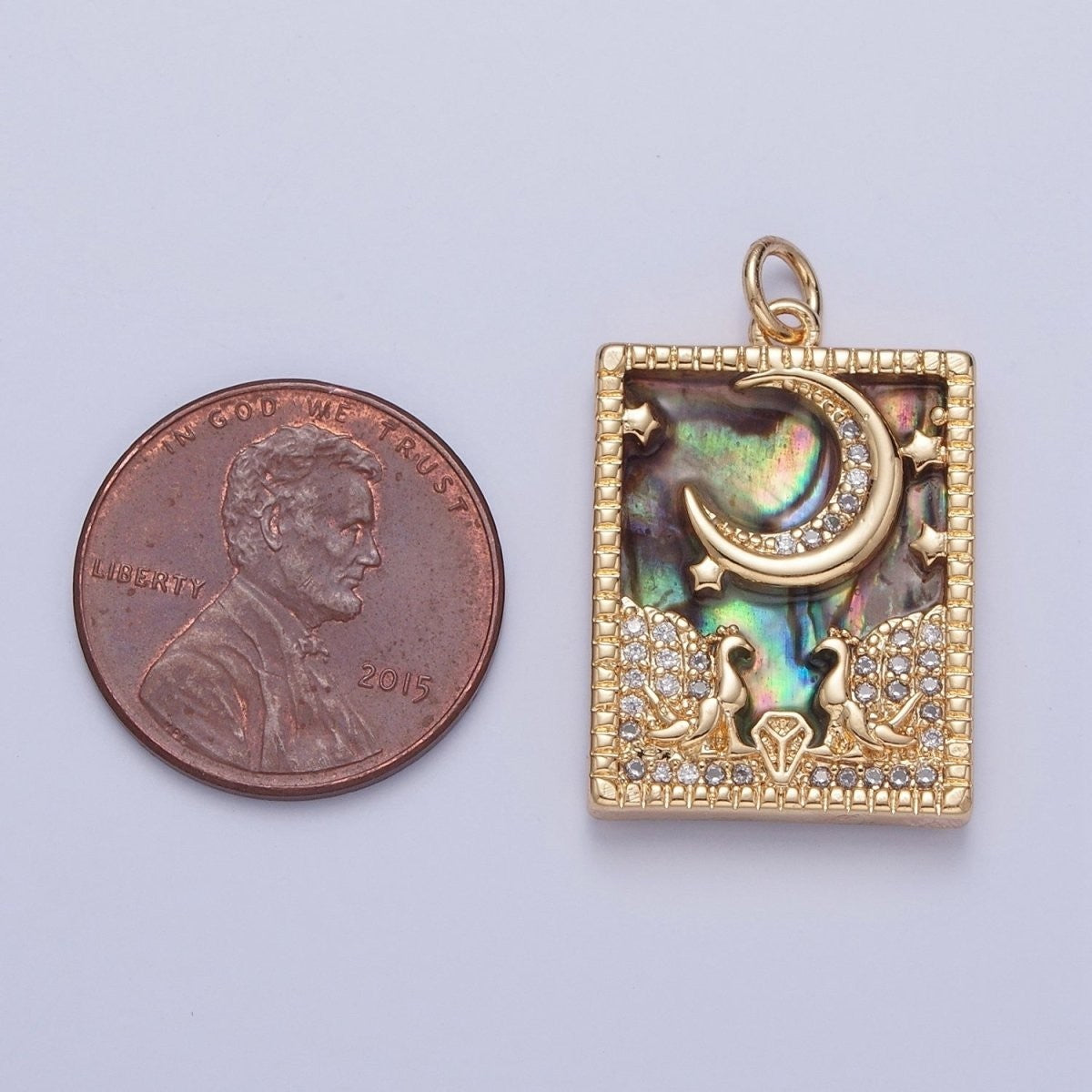 Gold Filled 27mm x 17mm Micro Paved CZ Peacock at Starry Night Obsidian, Turquoise, Pearl, Abalone Celestial Tag Charm