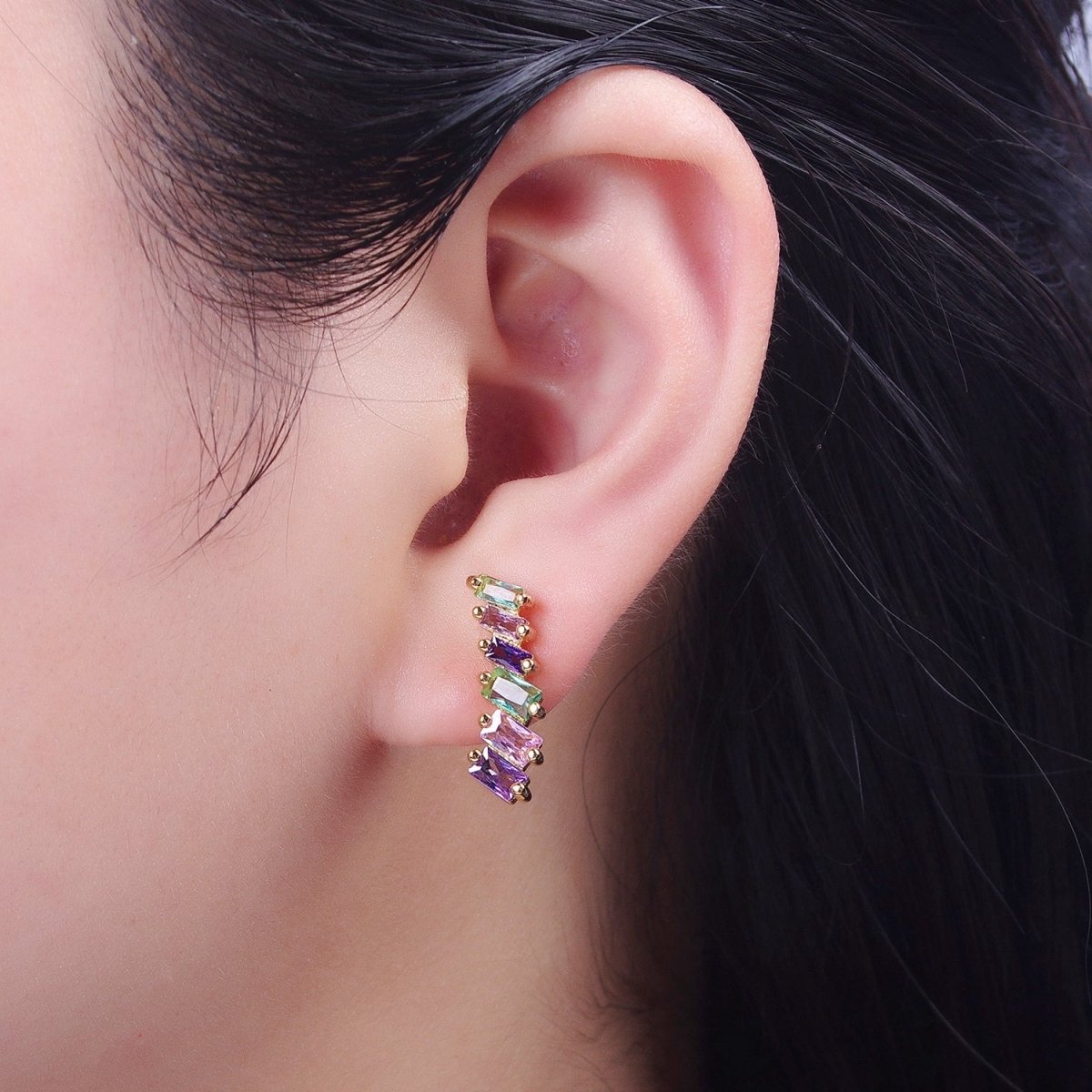 Gold Filled Multicolor Baguette Cubic Zirconia CZ Stud Earrings
