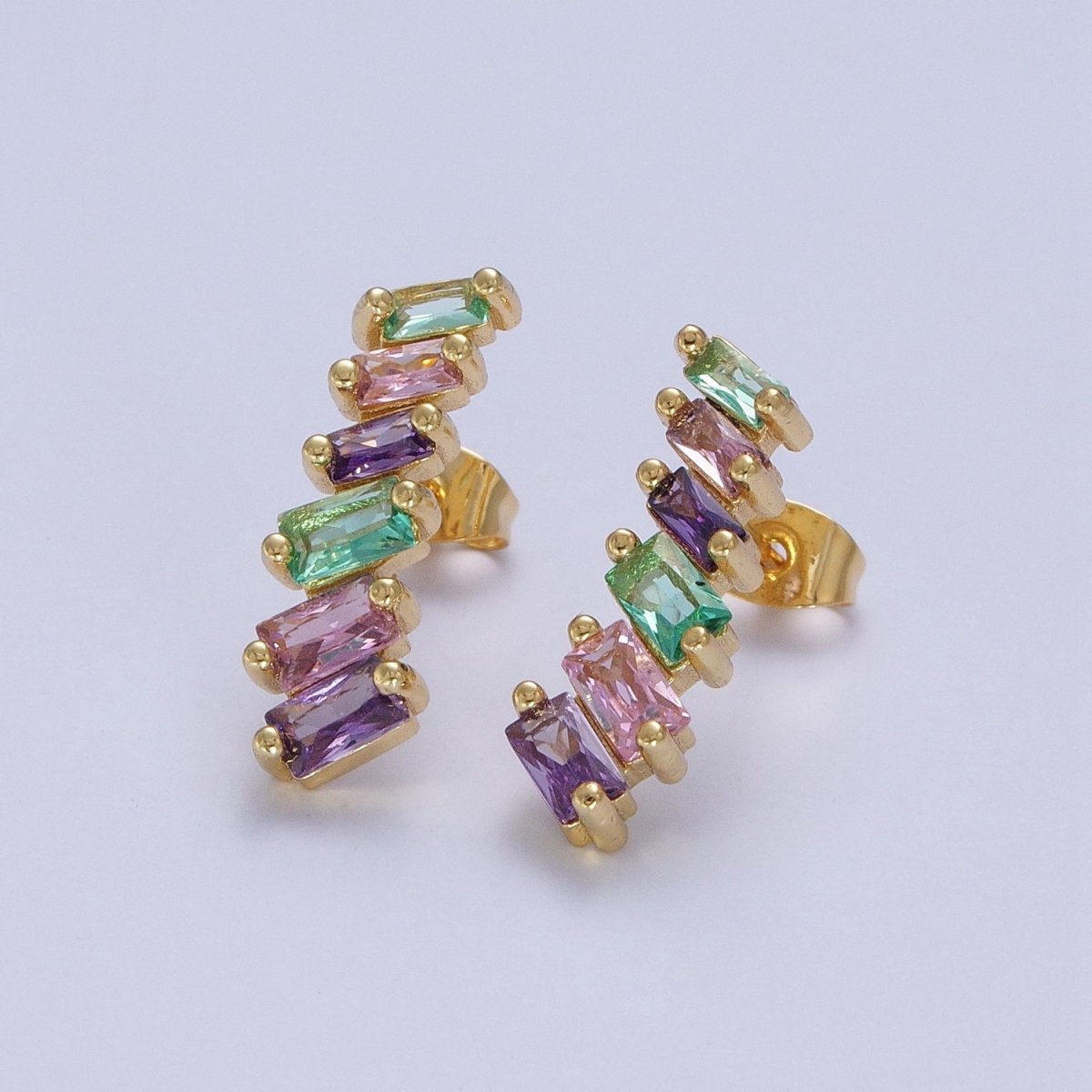 Gold Filled Multicolor Baguette Cubic Zirconia CZ Stud Earrings