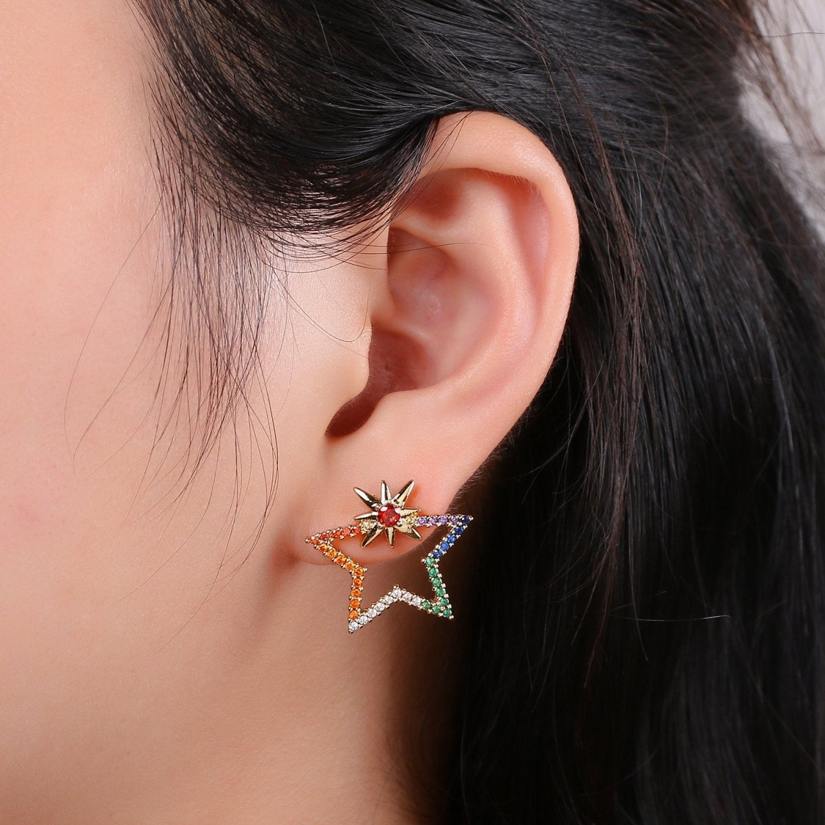 Gold Filled Rainbow Big Star Stud Earring Micro Pave CZ Cubic Zirconia Earrings