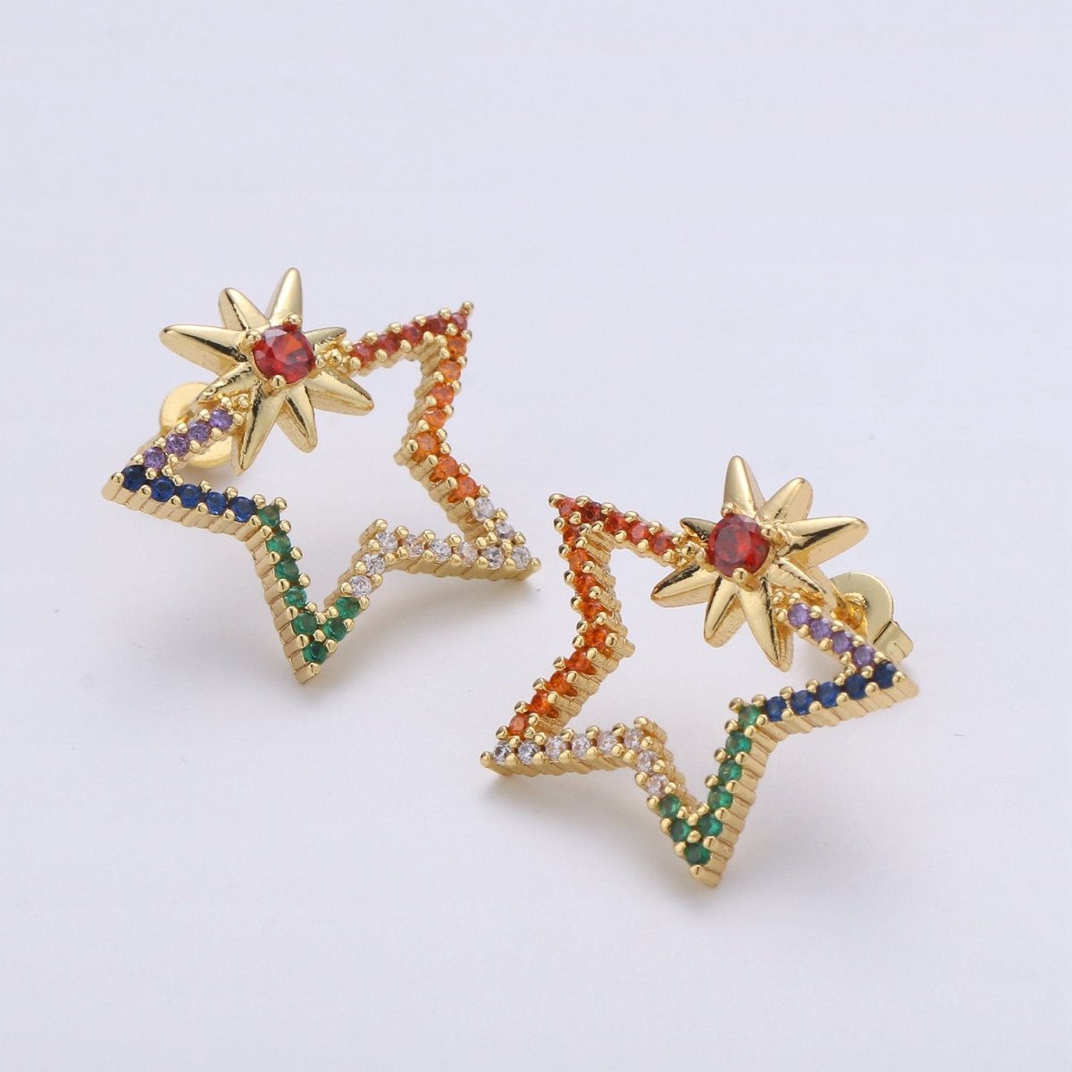 Gold Filled Rainbow Big Star Stud Earring Micro Pave CZ Cubic Zirconia Earrings