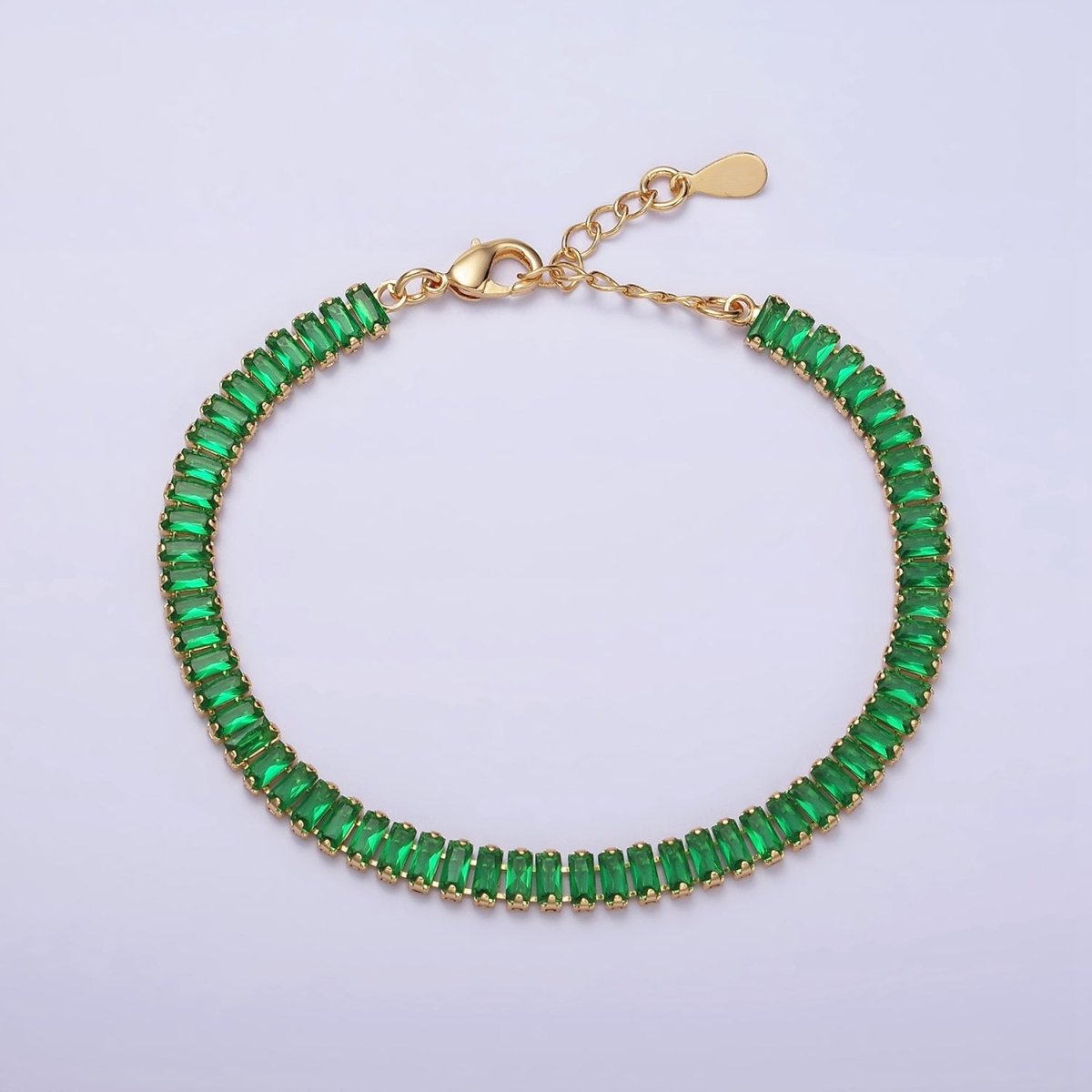 Gold Filled Tennis Bracelet, Baguette Emerald Green, Pink, Clear Pave CZ Bracelet
