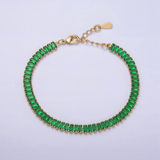 Gold Filled Tennis Bracelet, Baguette Emerald Green, Pink, Clear Pave CZ Bracelet