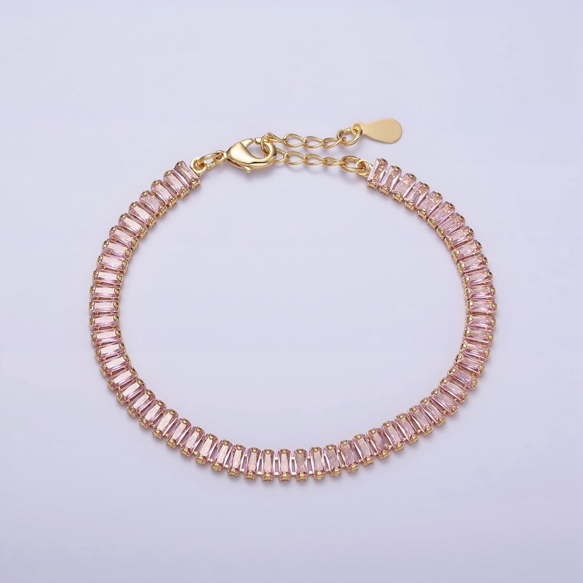 Gold Filled Tennis Bracelet, Baguette Emerald Green, Pink, Clear Pave CZ Bracelet