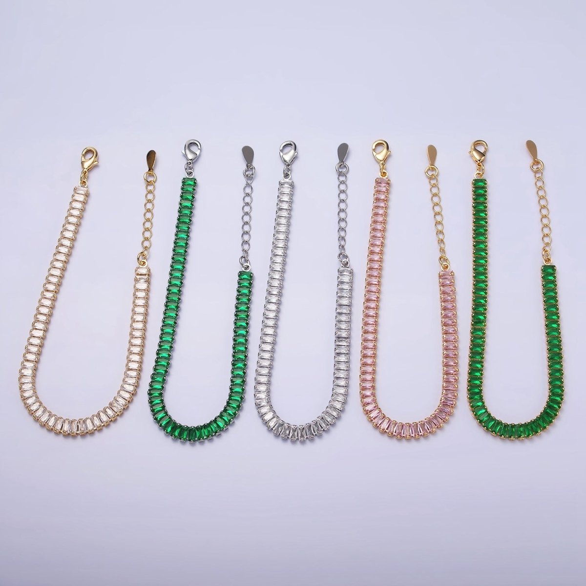 Gold Filled Tennis Bracelet, Baguette Emerald Green, Pink, Clear Pave CZ Bracelet