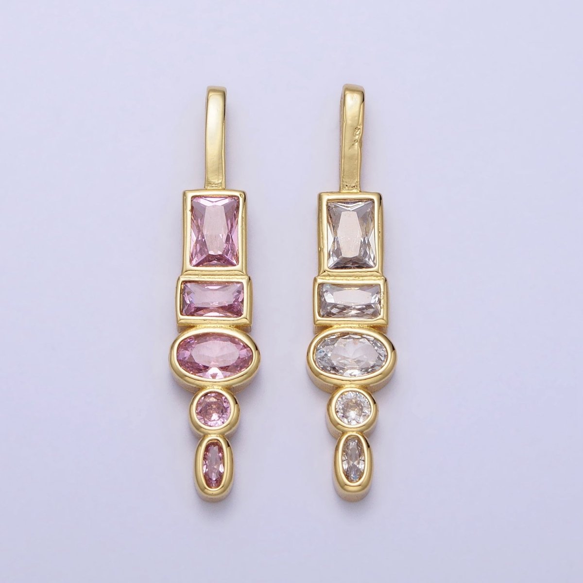 Gold Geometric Clear or Pink 35mm CZ Cubic Zirconia Baguette Oval Pendant