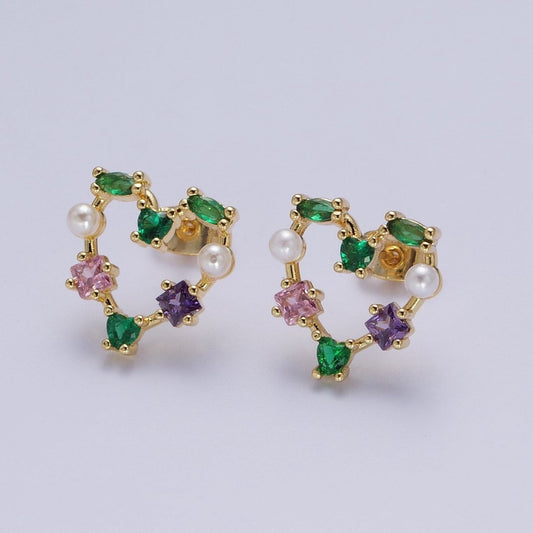 Beautiful Gold Heart Shape Multi Color CZ Stud Earrings