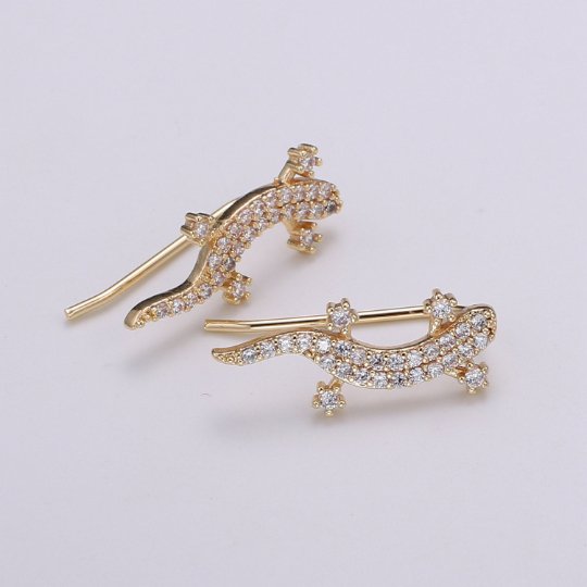 Gold Lizard Ear Climbers Micro Pave Earrings, Gecko Ear Crawler Earrings