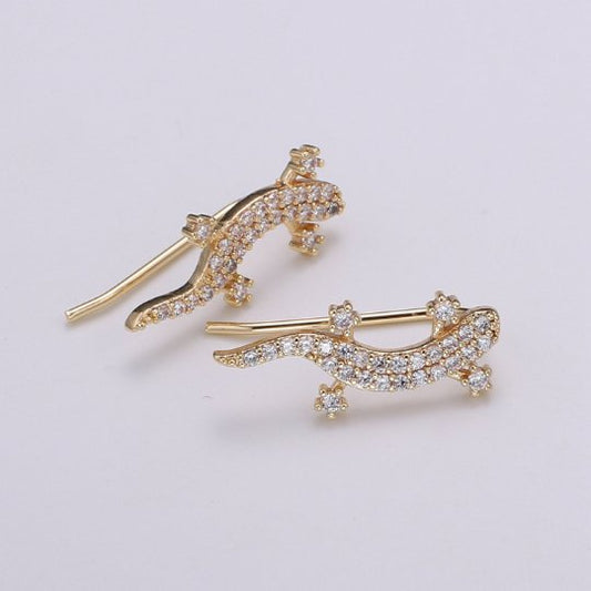 Gold Lizard Ear Climbers Micro Pave Earrings, Gecko Ear Crawler Earrings