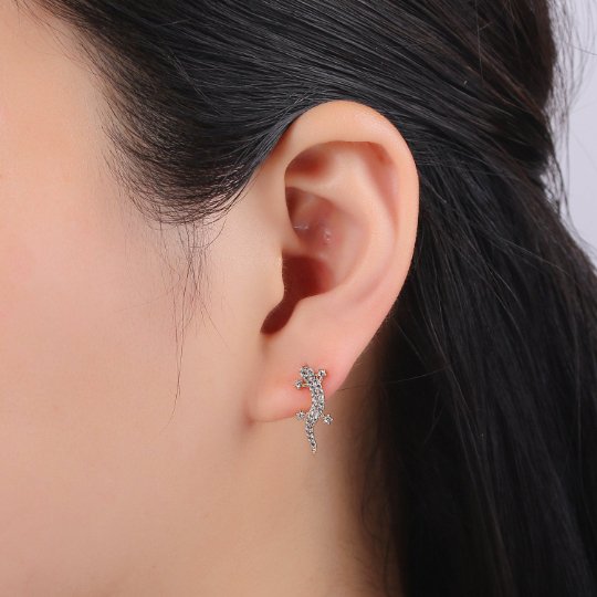 Gold Lizard Ear Climbers Micro Pave Earrings, Gecko Ear Crawler Earrings