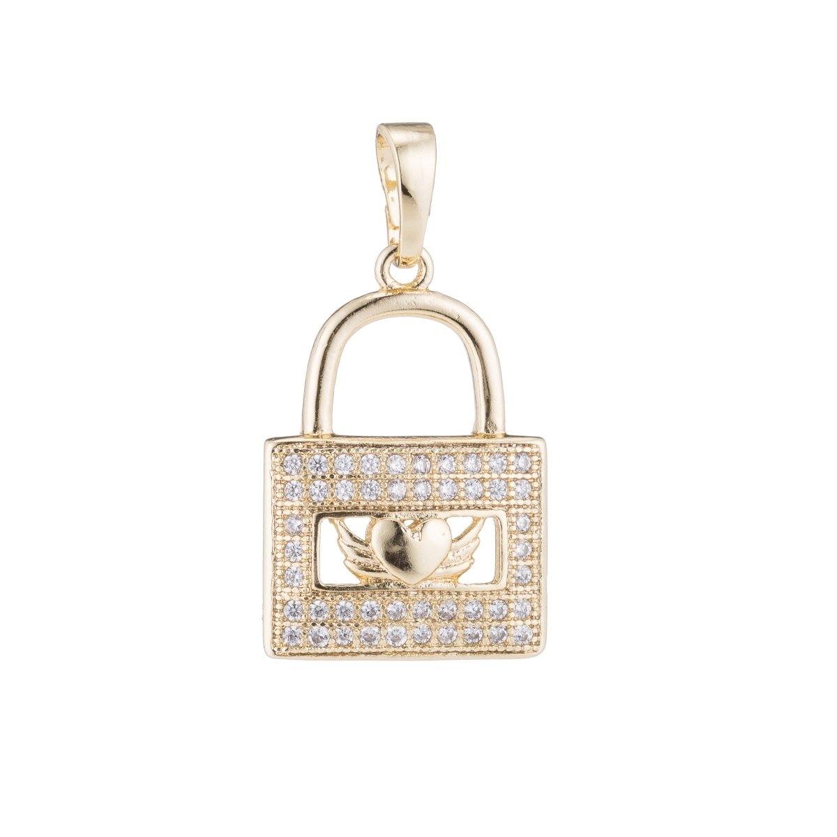 Gold Lock 25mm x 14mm Heart Wings Romantic Love Romance Cubic Zirconia Bail Pendant