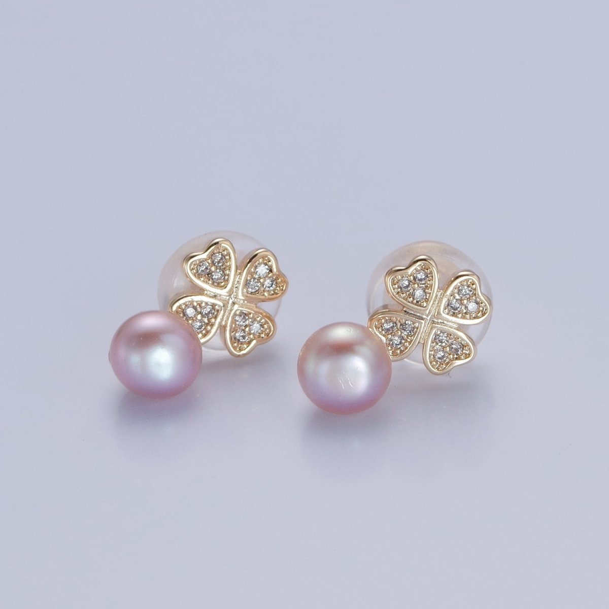 Sweet Gold=Filled Micro Pave CZ Pearl Clover Stud Earrings