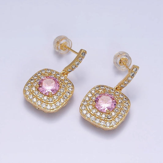 Gold Filled Micro Pave Square Cocktail Earrings Color CZ Statement Earrings Dangle Designer Earrings