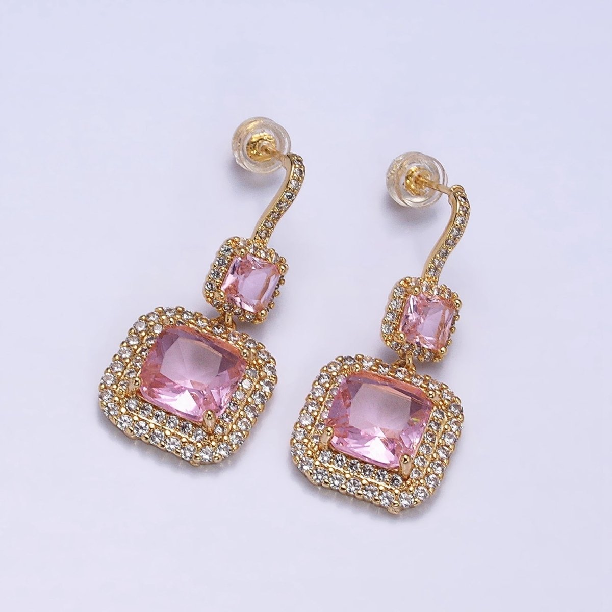 Gold Micro Pave Square Cocktail Earrings Multi Color CZ Statement Party Earrings Dangle Designer Earrings