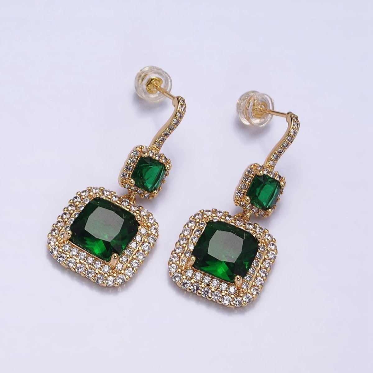 Gold Micro Pave Square Cocktail Earrings Multi Color CZ Statement Party Earrings Dangle Designer Earrings