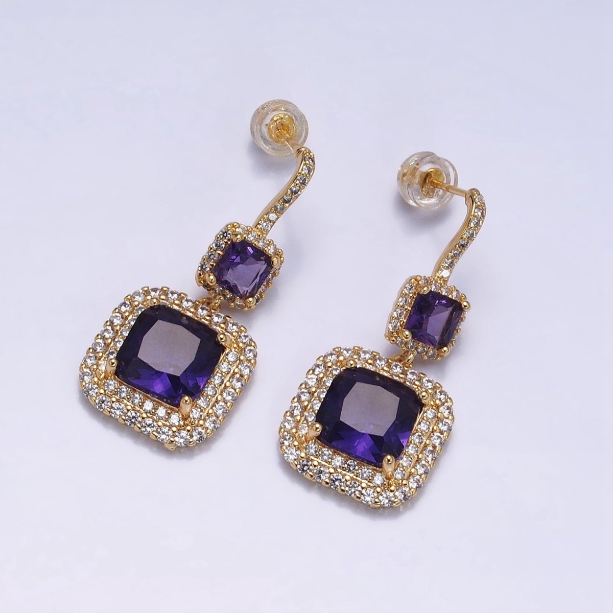 Gold Micro Pave Square Cocktail Earrings Multi Color CZ Statement Party Earrings Dangle Designer Earrings