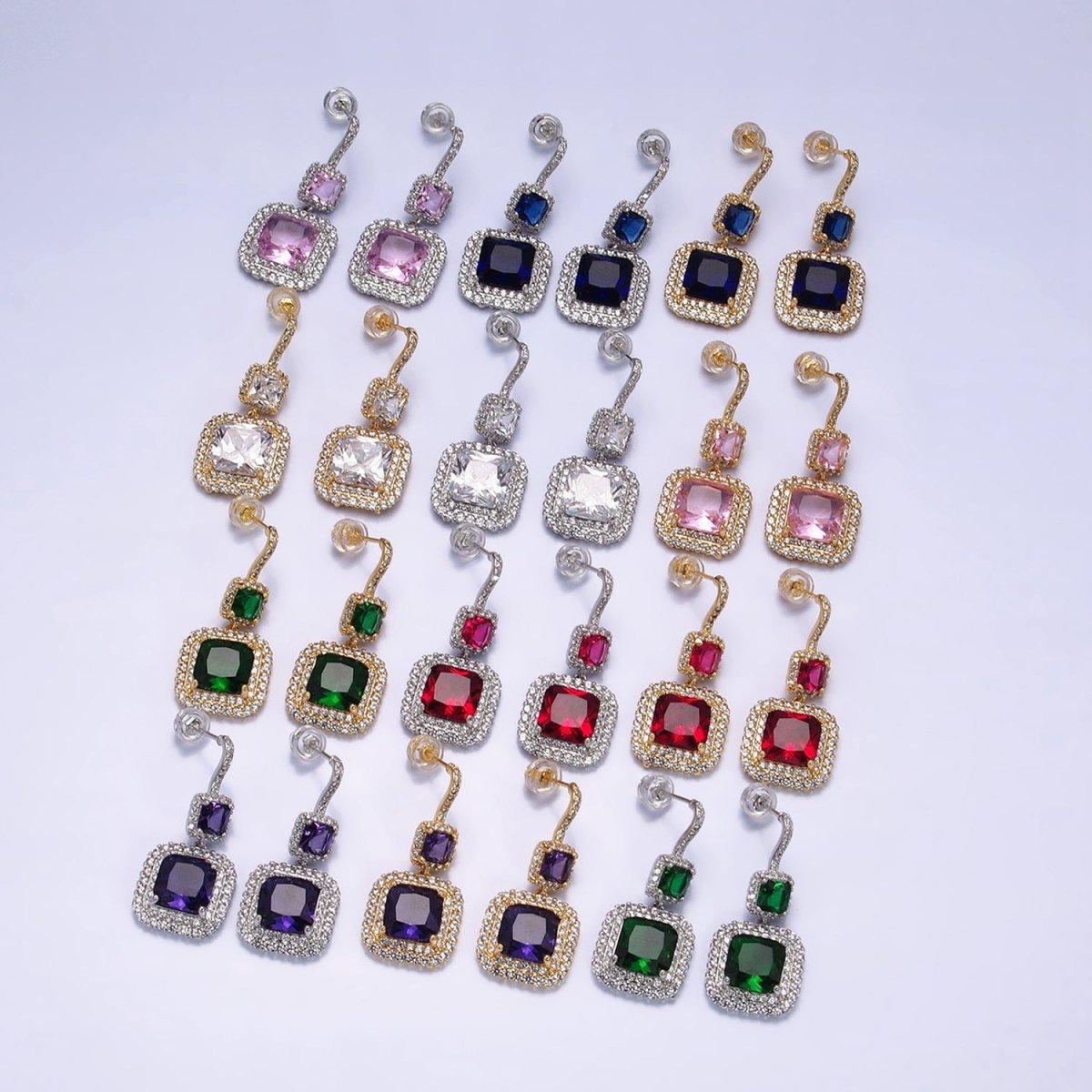 Gold Micro Pave Square Cocktail Earrings Multi Color CZ Statement Party Earrings Dangle Designer Earrings