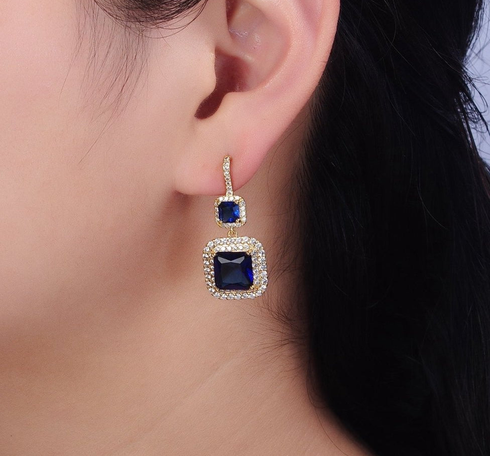 Gold Micro Pave Square Cocktail Earrings Multi Color CZ Statement Party Earrings Dangle Designer Earrings