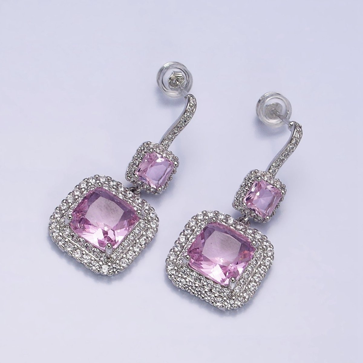 Gold Micro Pave Square Cocktail Earrings Multi Color CZ Statement Party Earrings Dangle Designer Earrings