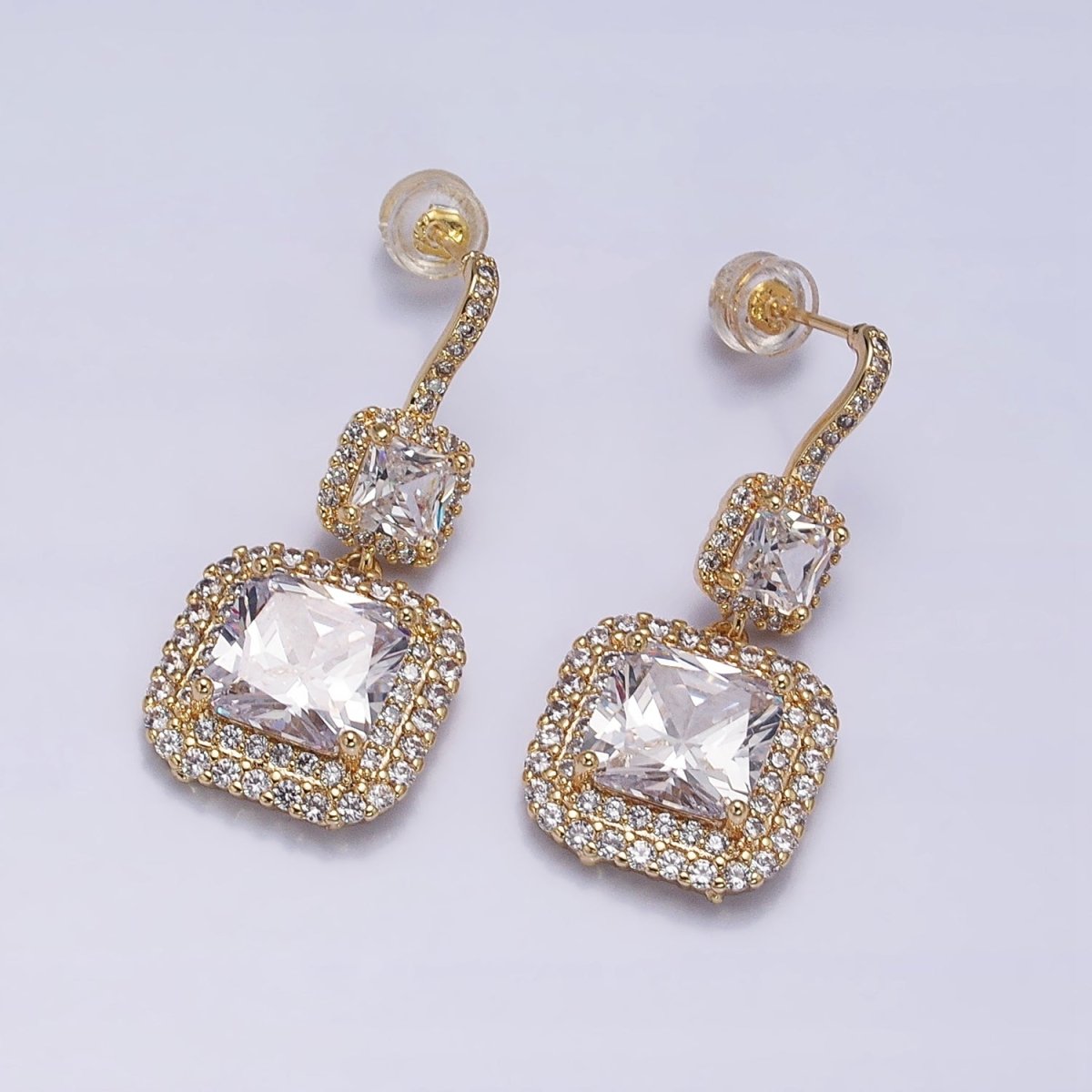 Gold Micro Pave Square Cocktail Earrings Multi Color CZ Statement Party Earrings Dangle Designer Earrings
