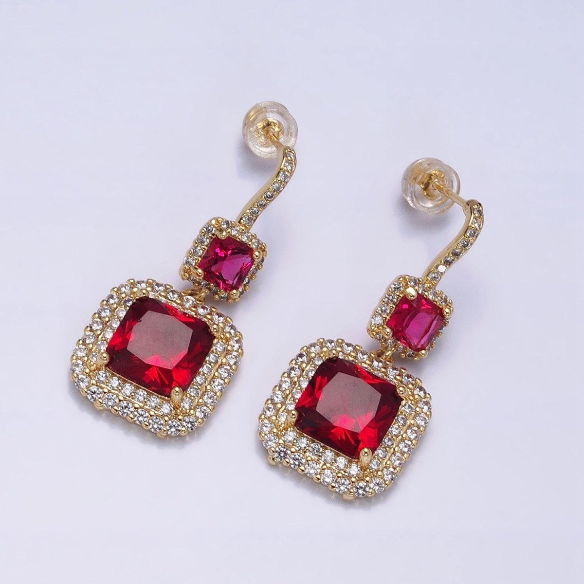 Gold Micro Pave Square Cocktail Earrings Multi Color CZ Statement Party Earrings Dangle Designer Earrings