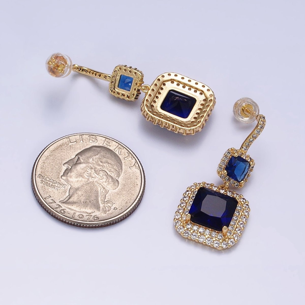 Gold Micro Pave Square Cocktail Earrings Multi Color CZ Statement Party Earrings Dangle Designer Earrings