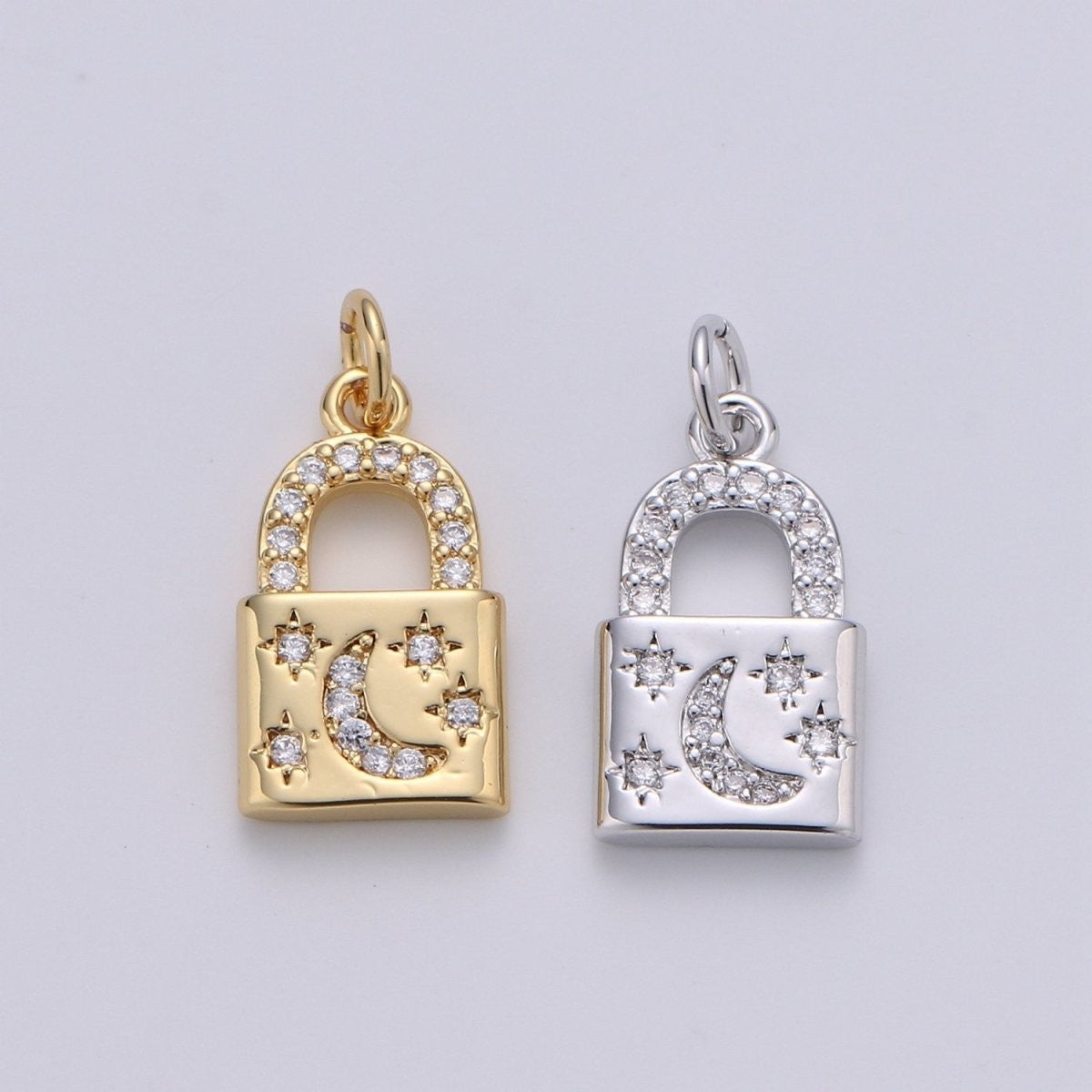 Gold Moon Star 20mm x 10mm Padlock Pendant Gold Filled Dainty Padlock Charm Celestial Lock