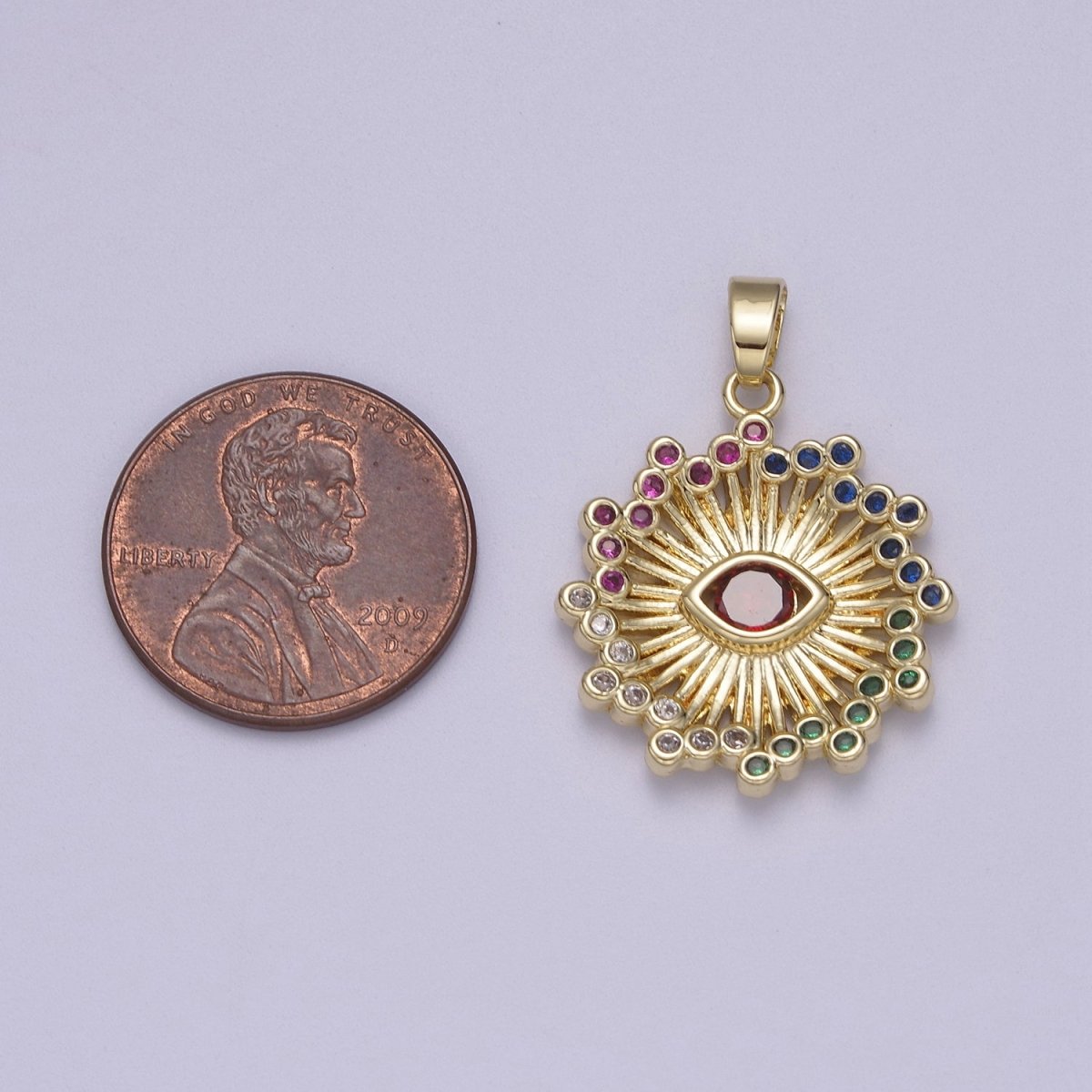 Gold Multi Color 27mm Cubic Zirconia Evil Eye Sun Burst Sunray Celestial Pendant