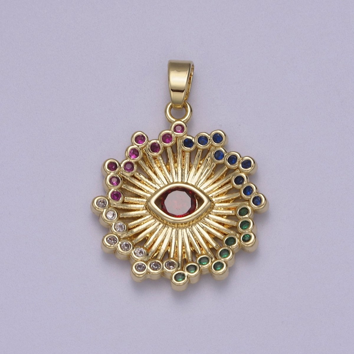 Gold Multi Color 27mm Cubic Zirconia Evil Eye Sun Burst Sunray Celestial Pendant