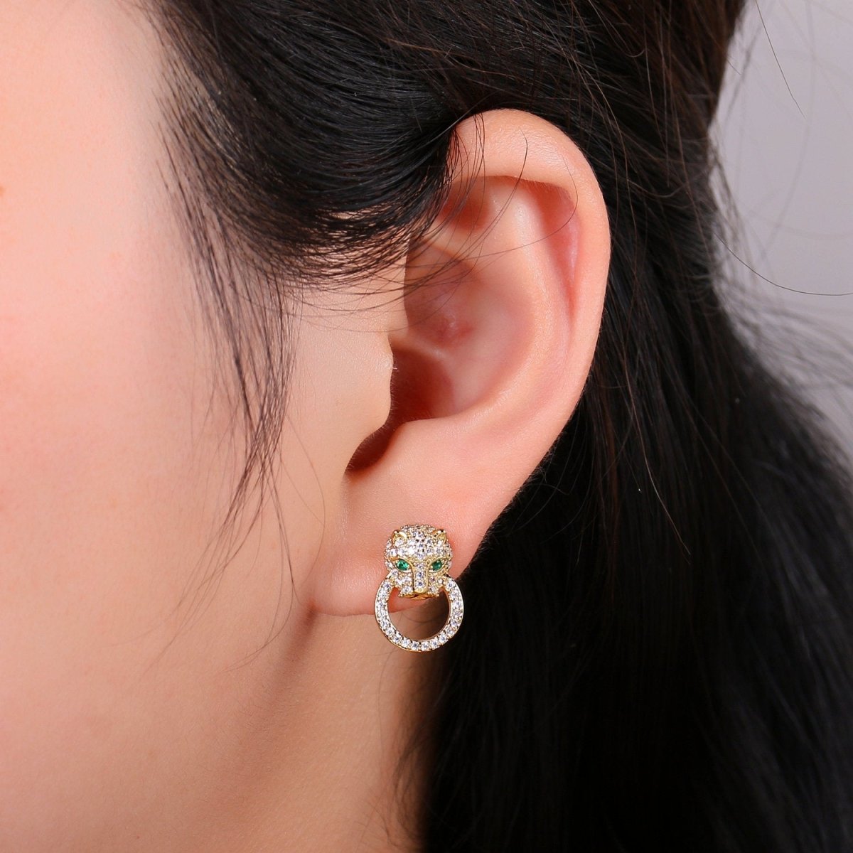 Gold Panther Earring CZ Micro Pave Stud Earrings, Animal Cat Earrings, Jaguar Earrings, Panther Stud Earrings