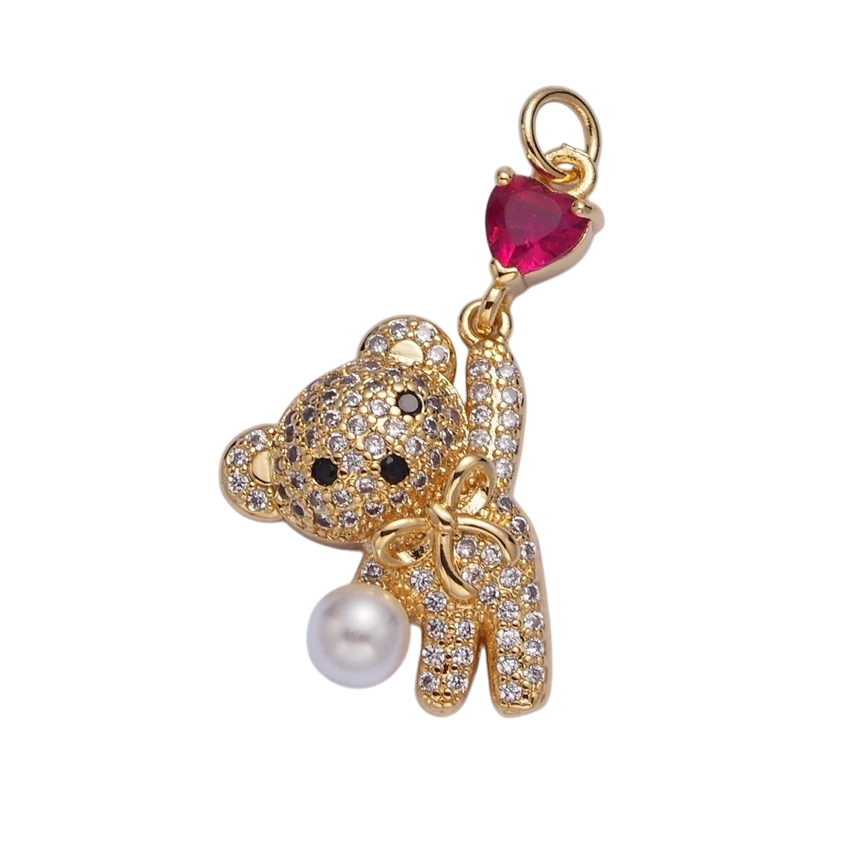 Gold Pave Teddy Bear Charm Dangle Red Heart Bead Pendant