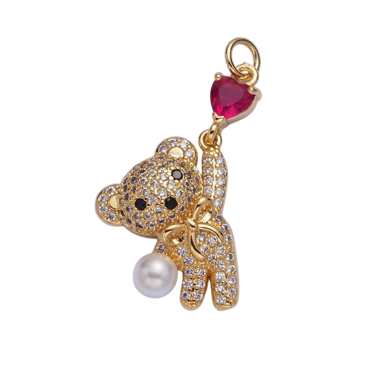 Gold Pave Teddy Bear Charm Dangle Red Heart Bead Pendant