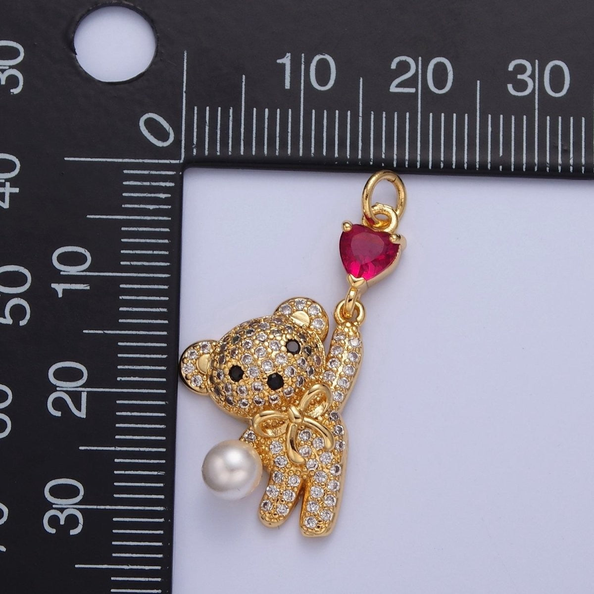 Gold Pave Teddy Bear Charm Dangle Red Heart Bead Pendant