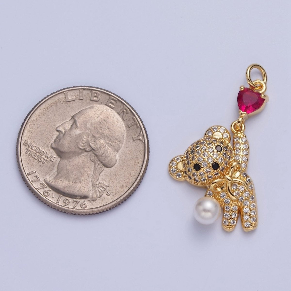 Gold Pave Teddy Bear Charm Dangle Red Heart Bead Pendant