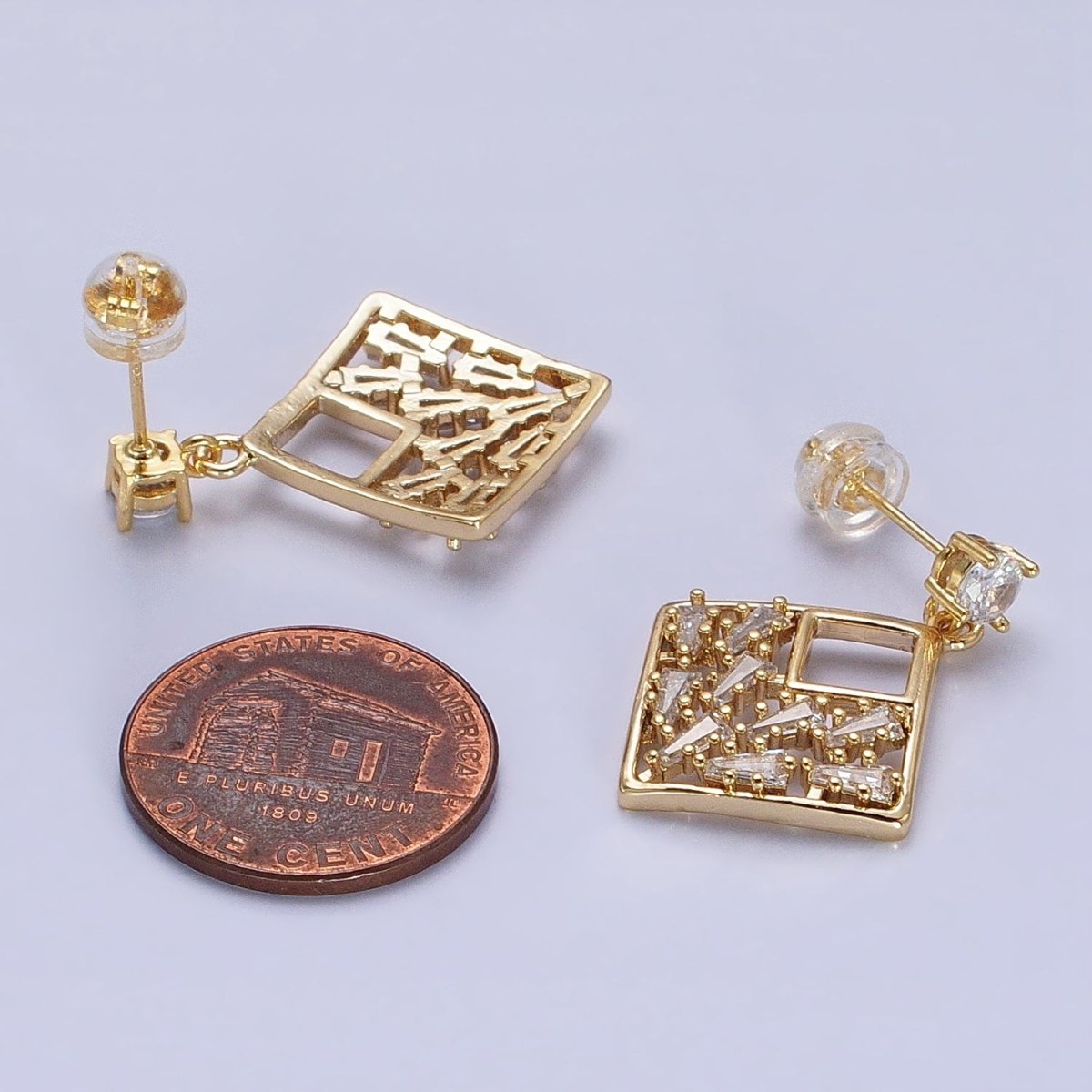 Gold Rhombus Dangle Stud Earrings Clear CZ Micro Pave Baguette Statement Earrings