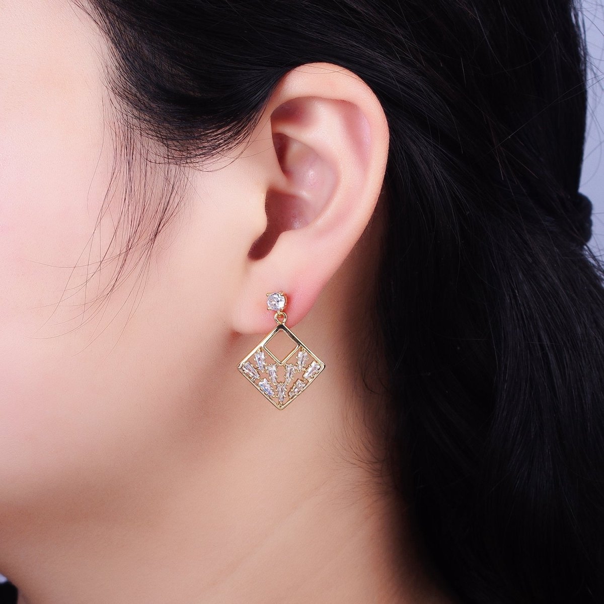 Gold Rhombus Dangle Stud Earrings Clear CZ Micro Pave Baguette Statement Earrings
