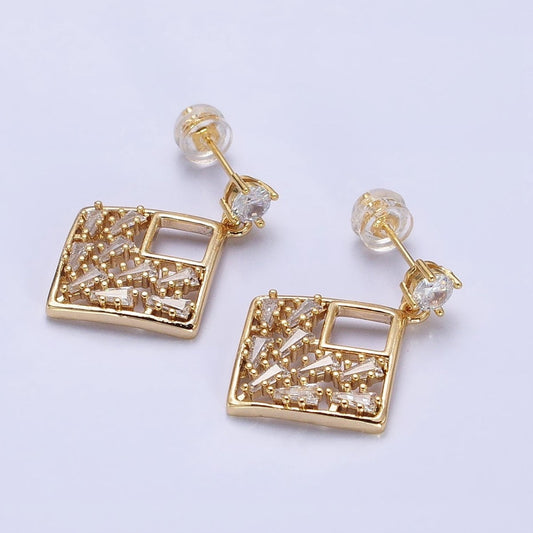 Gold Rhombus Dangle Stud Earrings Clear CZ Micro Pave Baguette Statement Earrings