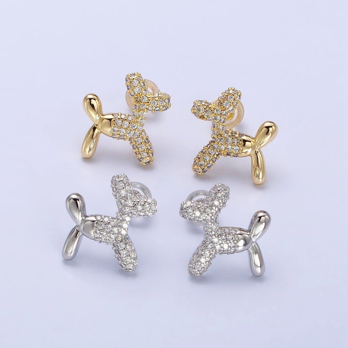 Gold or Silver Dog Balloon Bubble Animal Micro Pave CZ Stud Earrings