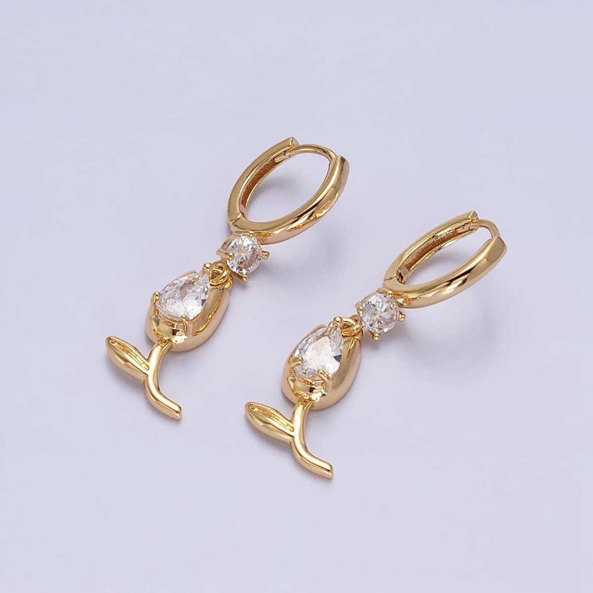 Gold or Silver Flower Tulip Clear CZ Drop Dangle Huggie Earrings