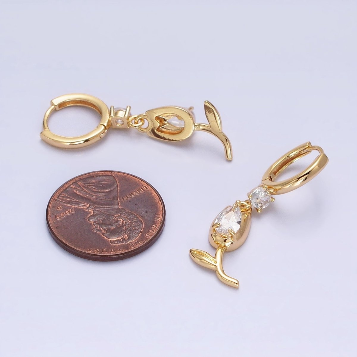Gold or Silver Flower Tulip Clear CZ Drop Dangle Huggie Earrings